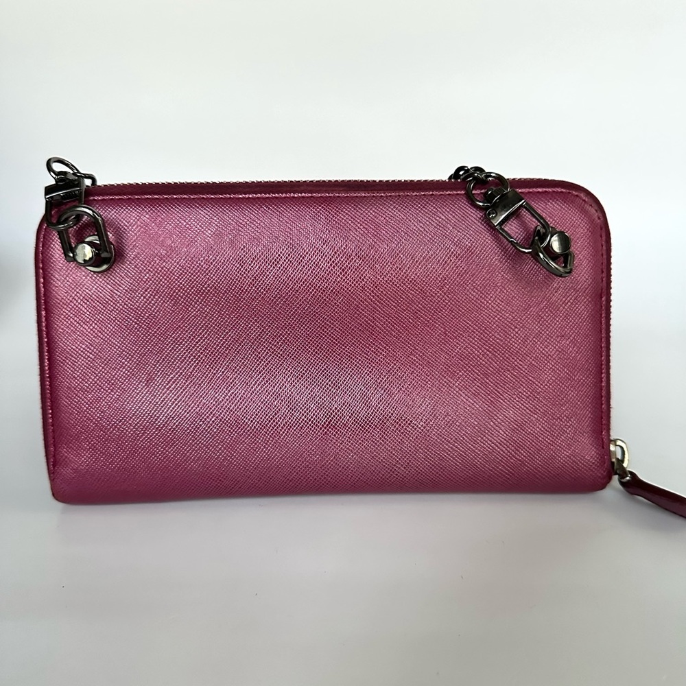 PRADA Logo Magenta Pink Saffiano Leather Zippered Wallet on Chain - Picture 2 of 11